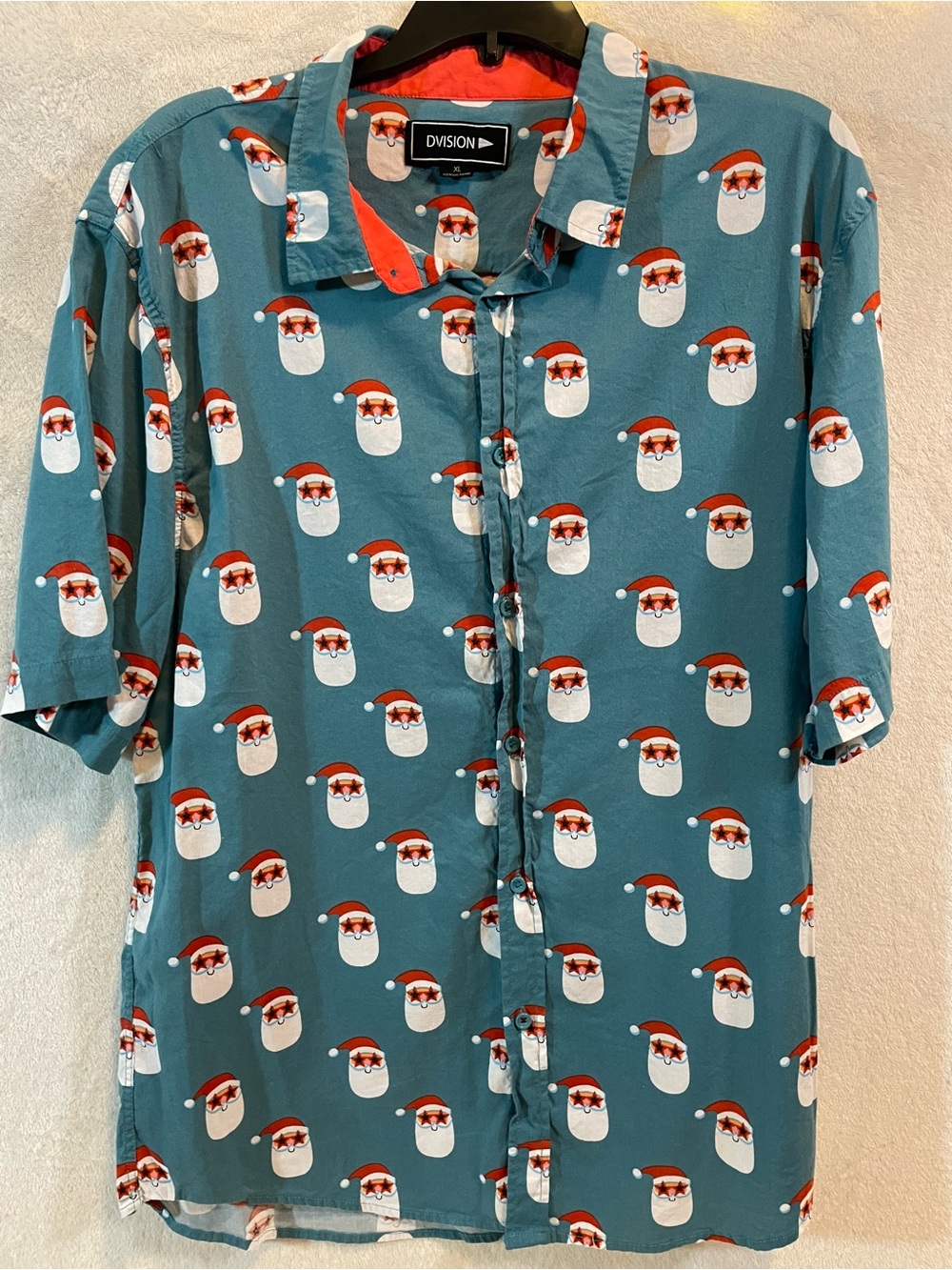 Holiday Teal Short-Sleeve Button-Down Shirt with Santa Face Print